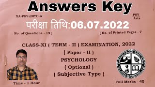 Class Xi Psychology Answer Key 2022  Class 11th Psychology Important Question 2022