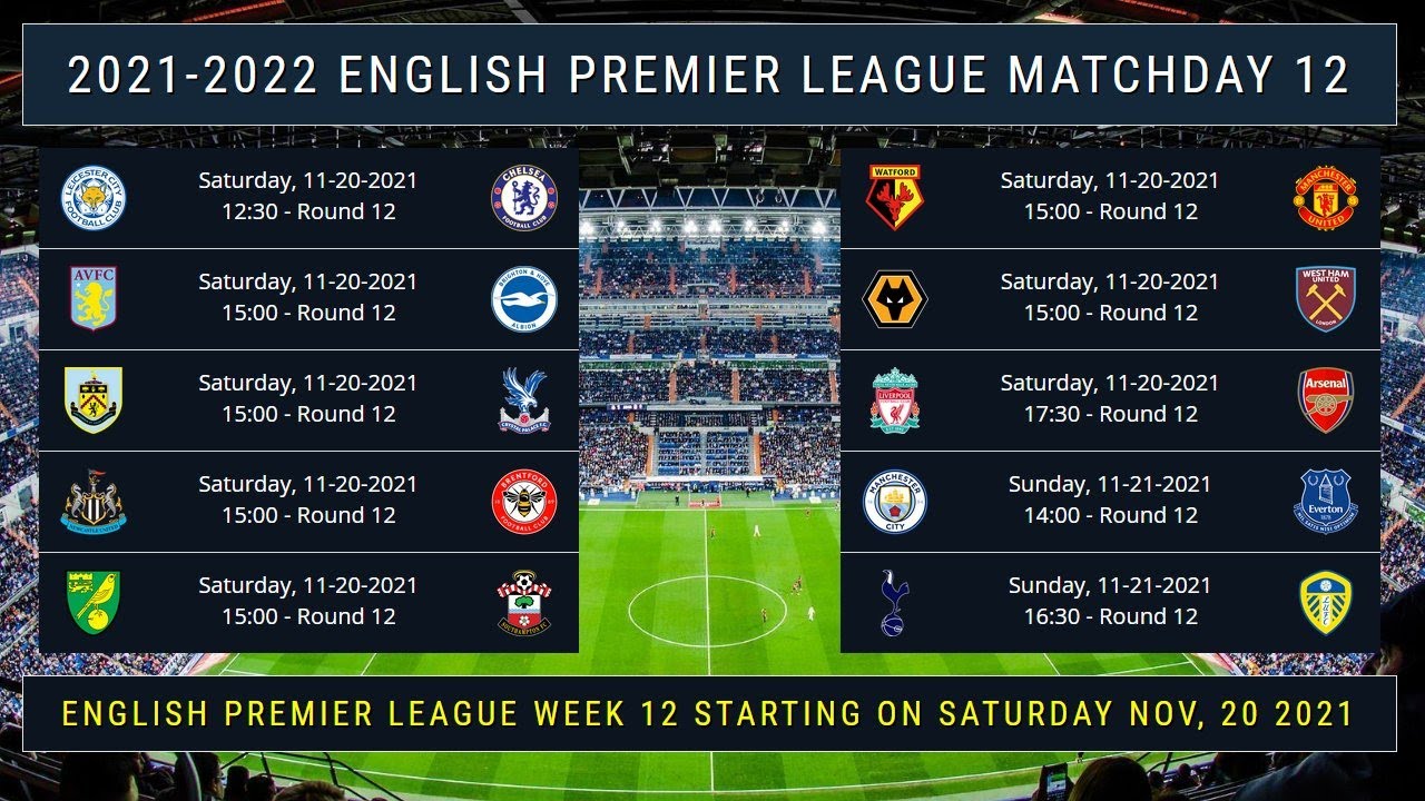 English Premier League Week 12 Fixtures 2021-2022 schedule, match and draw EPL Schedule 2021-2022