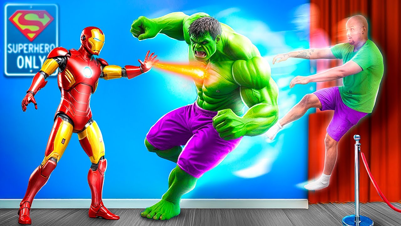 Super-heróis falsos vs. super-heróis reais! Desafio de entrar furtivamente no cinema! Parte 3!