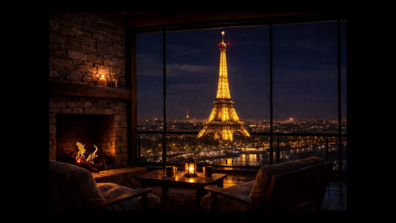 Cozy Paris Night Fireplace | Eiffel Tower View | Relaxing Ambience