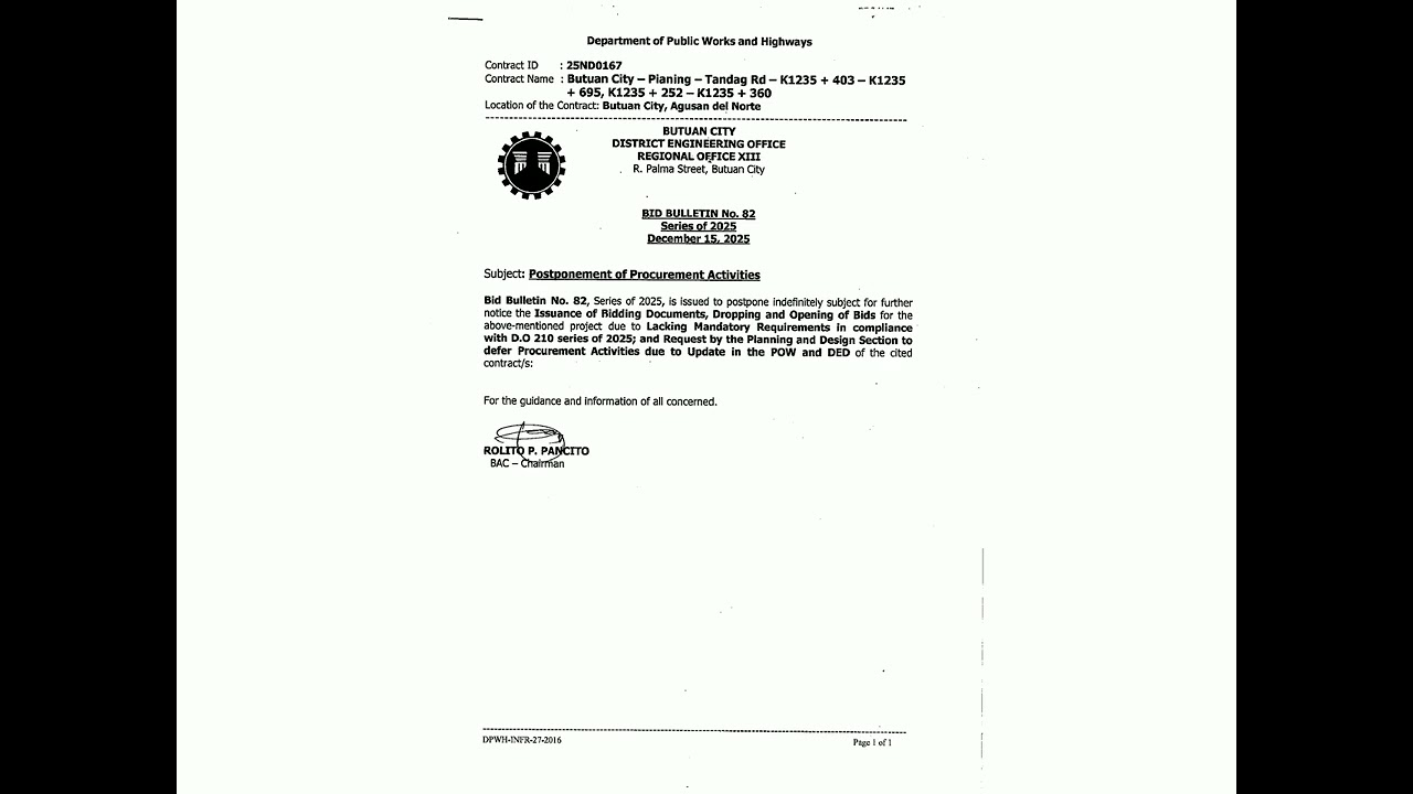 Contract ID No. 25ND0167 - Bid Bulletin No. 82, Series of 2025