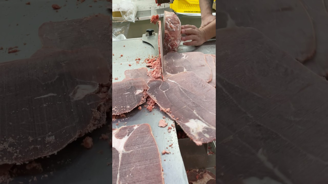 Amazing boneless beef meat frozen bacon 🥓 slices cutting