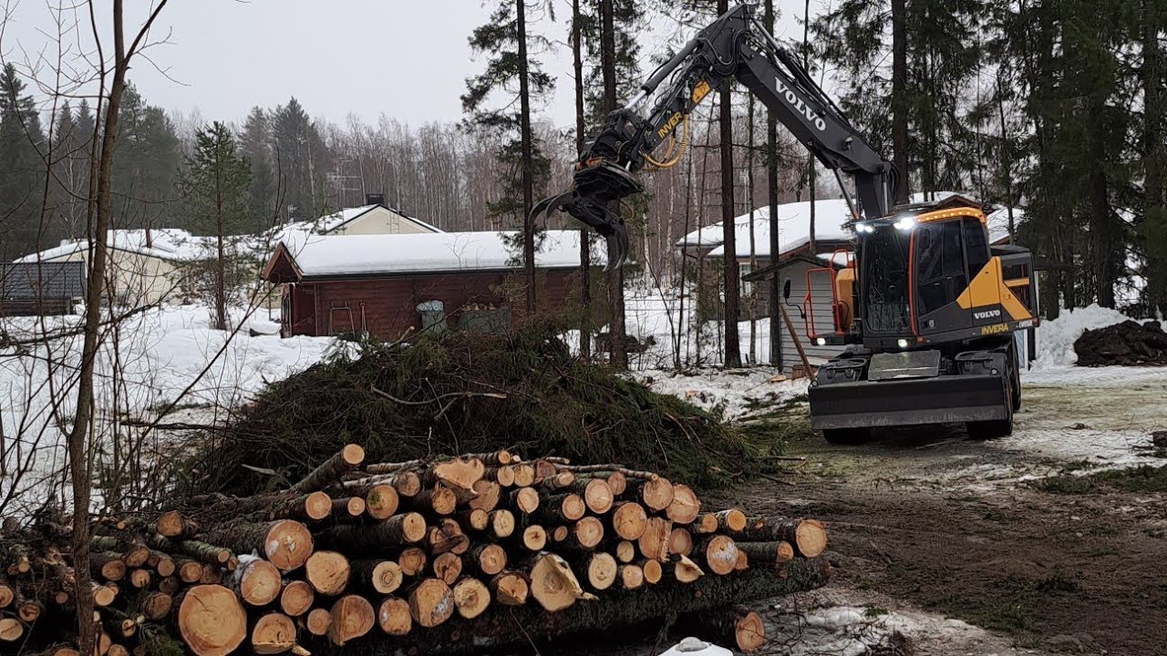 puiden kaatoa. felling of trees. volvo ewr150E + engcon