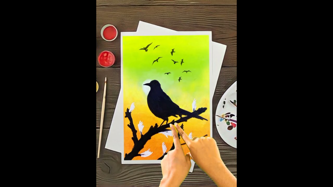 Beautiful sunset scenery oil pastel drawing | bird with nature oil pastel drawing | new oil pastel