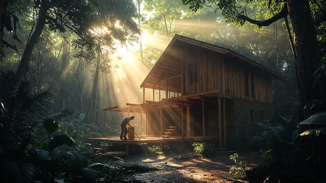 A Man Making a House in the Jungle  Alone Survival  Silent ASMR Forest Living