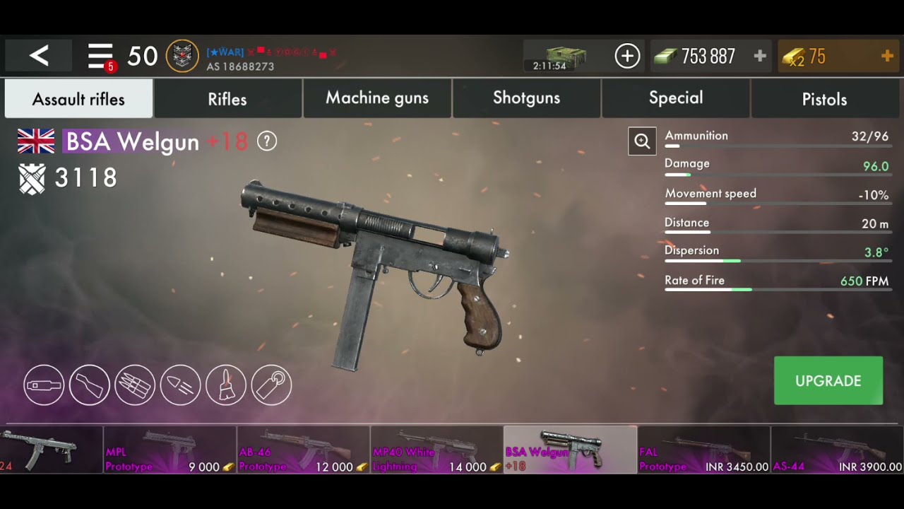 World War Heroes BSA Welgun Assault Gun- buying and upgrading with 154 weapon upgrade points