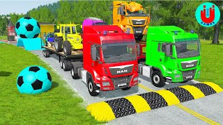 Double Flatbed Trailer Truck vs Speedbumps Train vs Cars | Tractor vs Train Beamng.Drive 032 screenshot 5