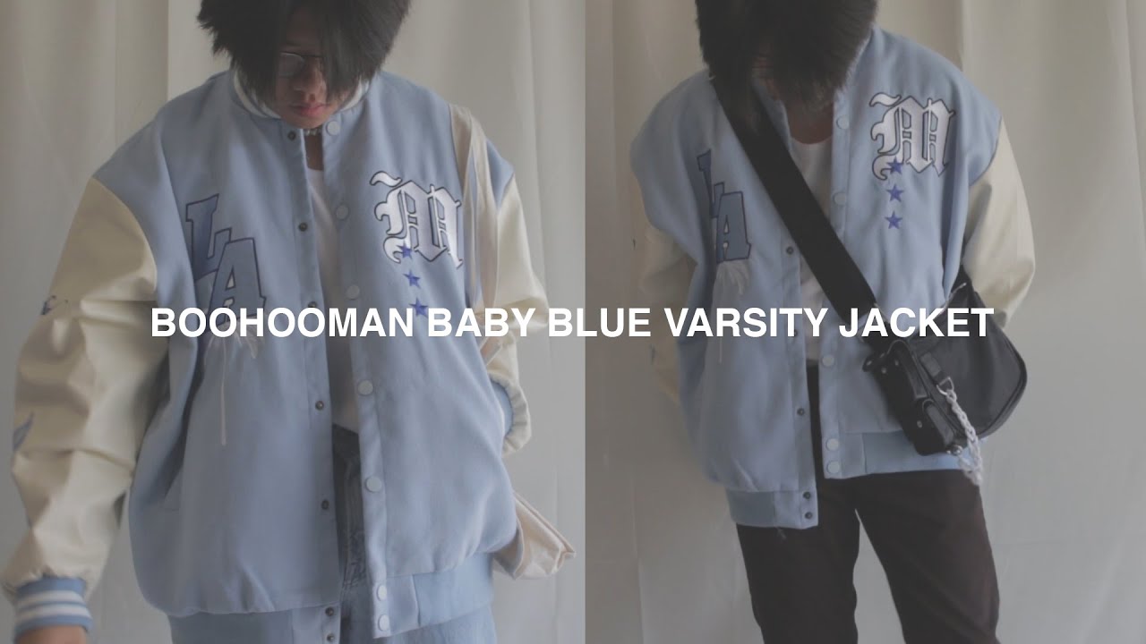 BoohooMan Baby Blue Varsity Jacket Outfit ideas - YouTube