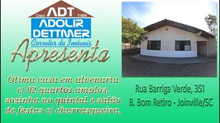 A229 - Casa Alvenaria c/ 2 quartos, área de lazer, horta p/ locação, Bairro Bom Retiro, Joinville/SC