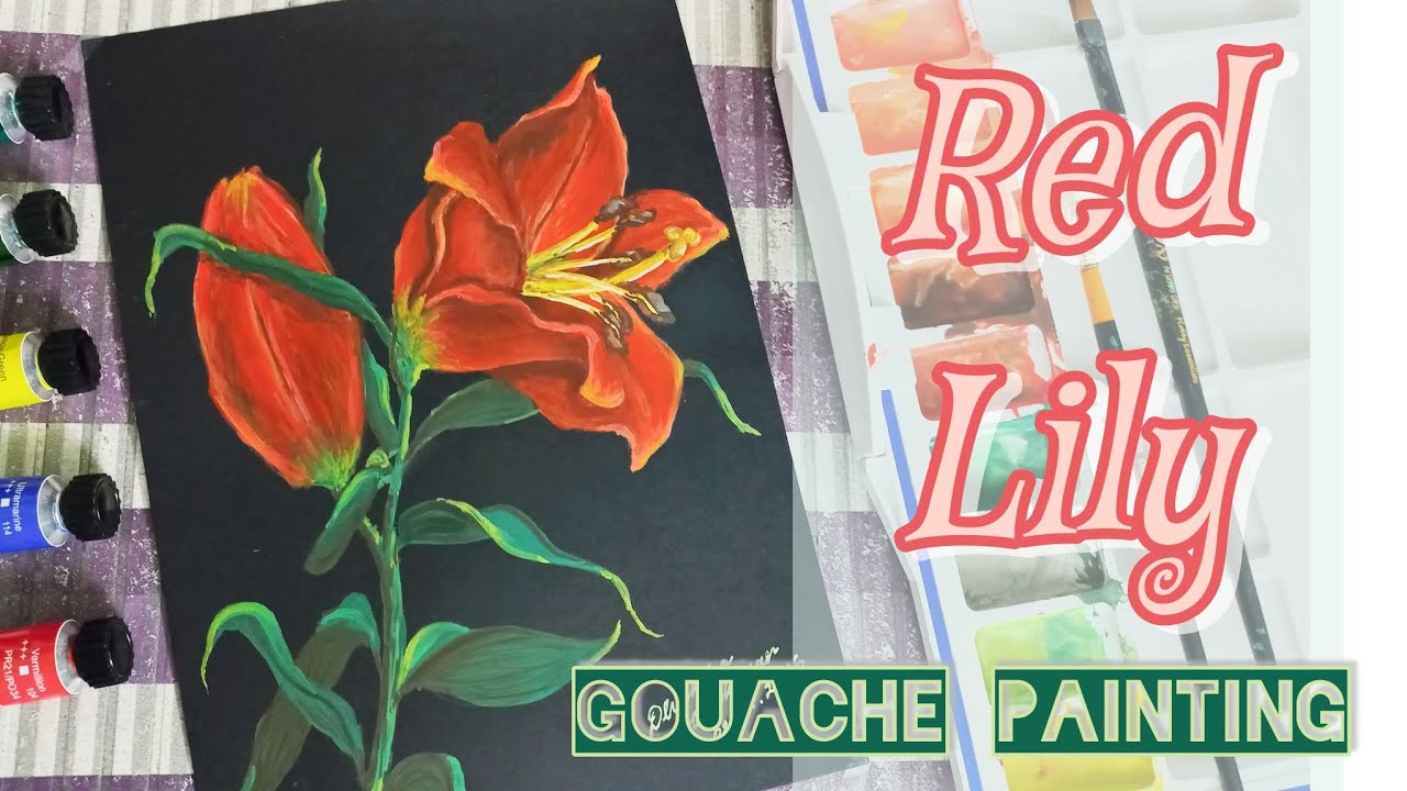 Red Lily on black paper | Gouache Painting | How to paint | Relaxing painting time lapse video