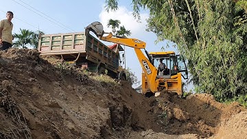 JCB Backhoe Machine Cutting Soil and Loading in Dump Truck - JCB Making Drain in Road - JCB Video 2