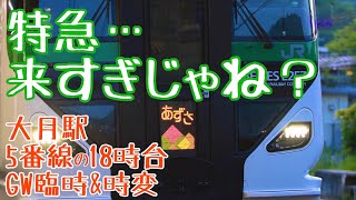 GW臨時 特急あずさも加わり、ほぼ特急しか来ない大月駅5番線の18時台