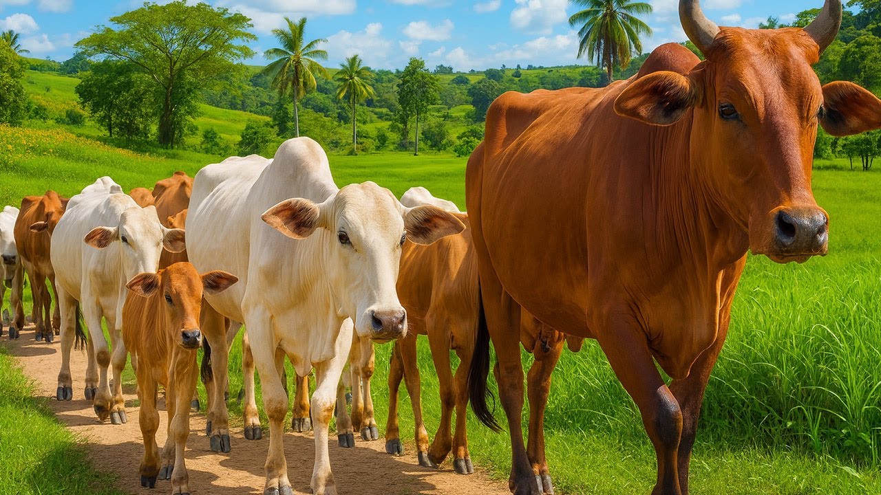 Sapi jinak berjalan keluar dari sawah menuju kandang, suara moo alami, jalan desa