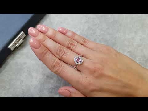 Ring with natural pink sapphire 1.35 ct and diamonds in 18K white gold Video  № 1