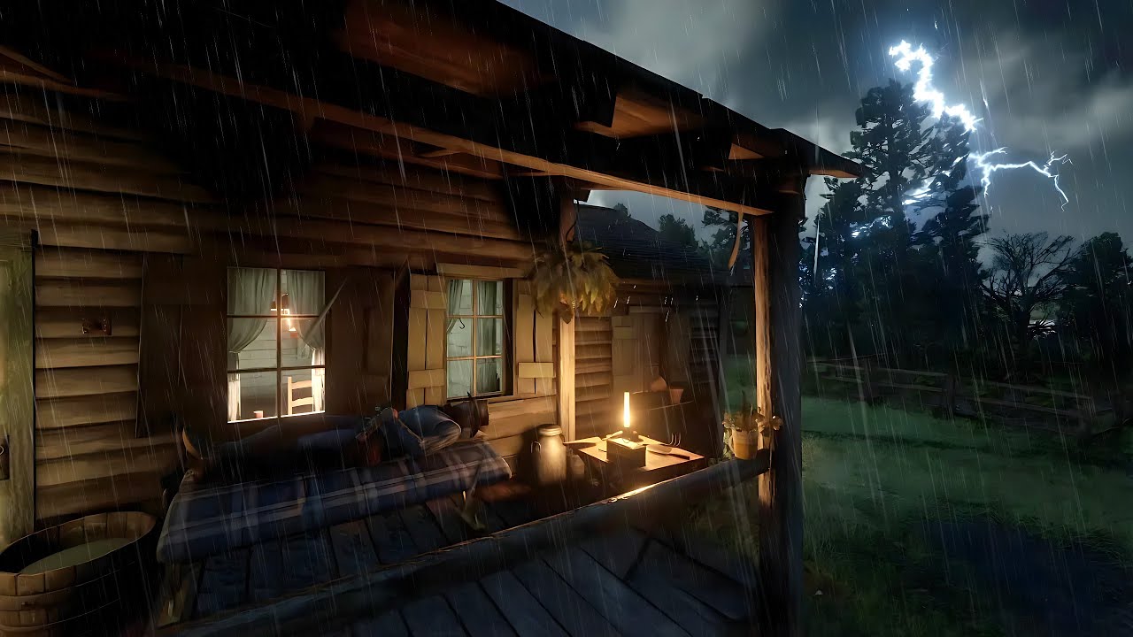 Arthur Peacefully Sleeping on a Cozy Porch Bed During a Thunderstorm Night | RDR2 ASMR