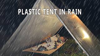 RAIN CAMPING IN SIMPLE PLASTIC TENT  SOLO CAMPING IN RAIN