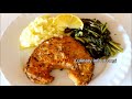 შემწვარი თევზი მხალთან და კარტოფილთან/Fried fish with potatoes and Greens/Жареная рыба