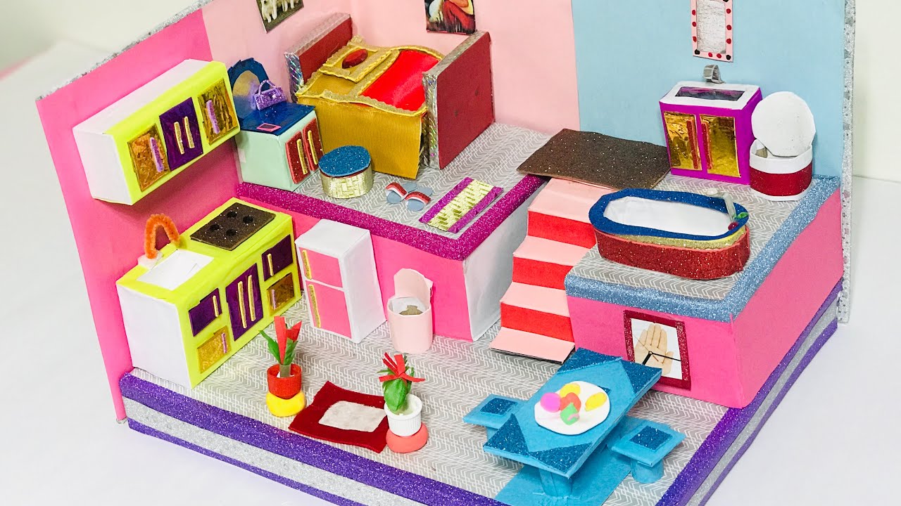DIY Miniature Dollhouse with cardboard | Kitchen, Dining, Bathroom ...