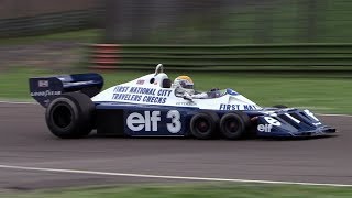 Tyrrell P34 F1 action at Imola racetrack - Engine warm up, fly bys & pure sound