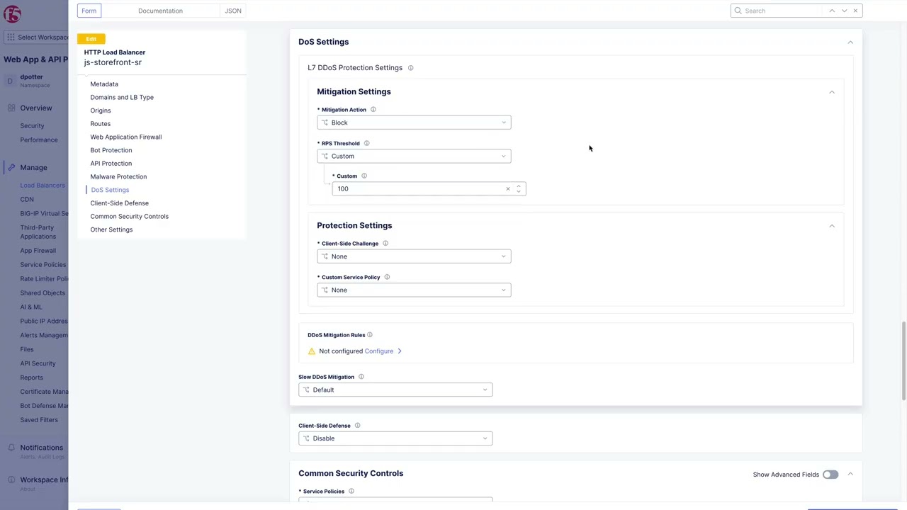 F5 Distributed Cloud Layer 7 DoS Protection Settings Overview
