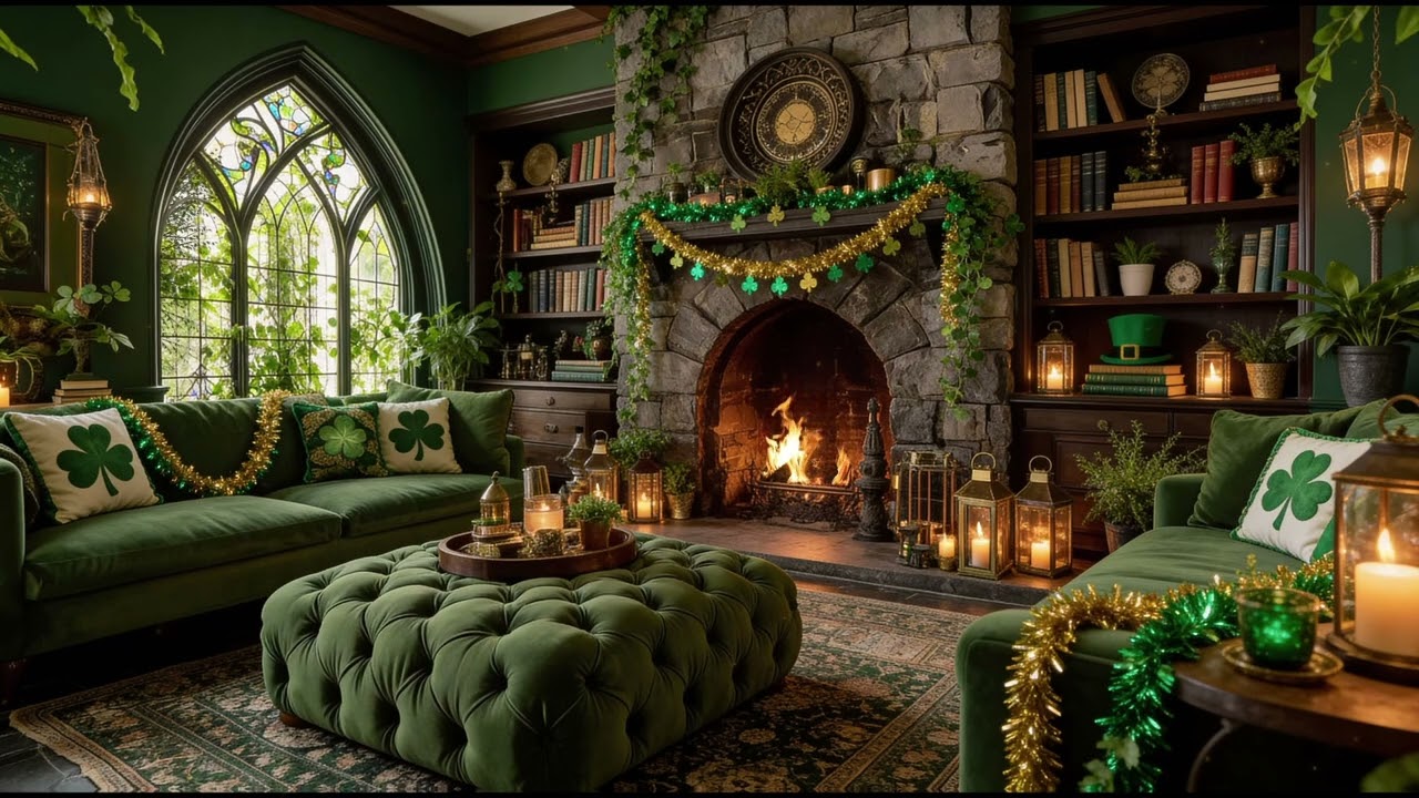Cozy Irish Library Ambience: Gentle Celtic Music & Crackling Fireplace 🍀
