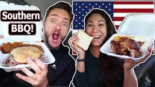 Southern bbq time! phil tries some south carolina with all the fixins.
we are in upstate of trying pulled pork, smoked chicken and rib...