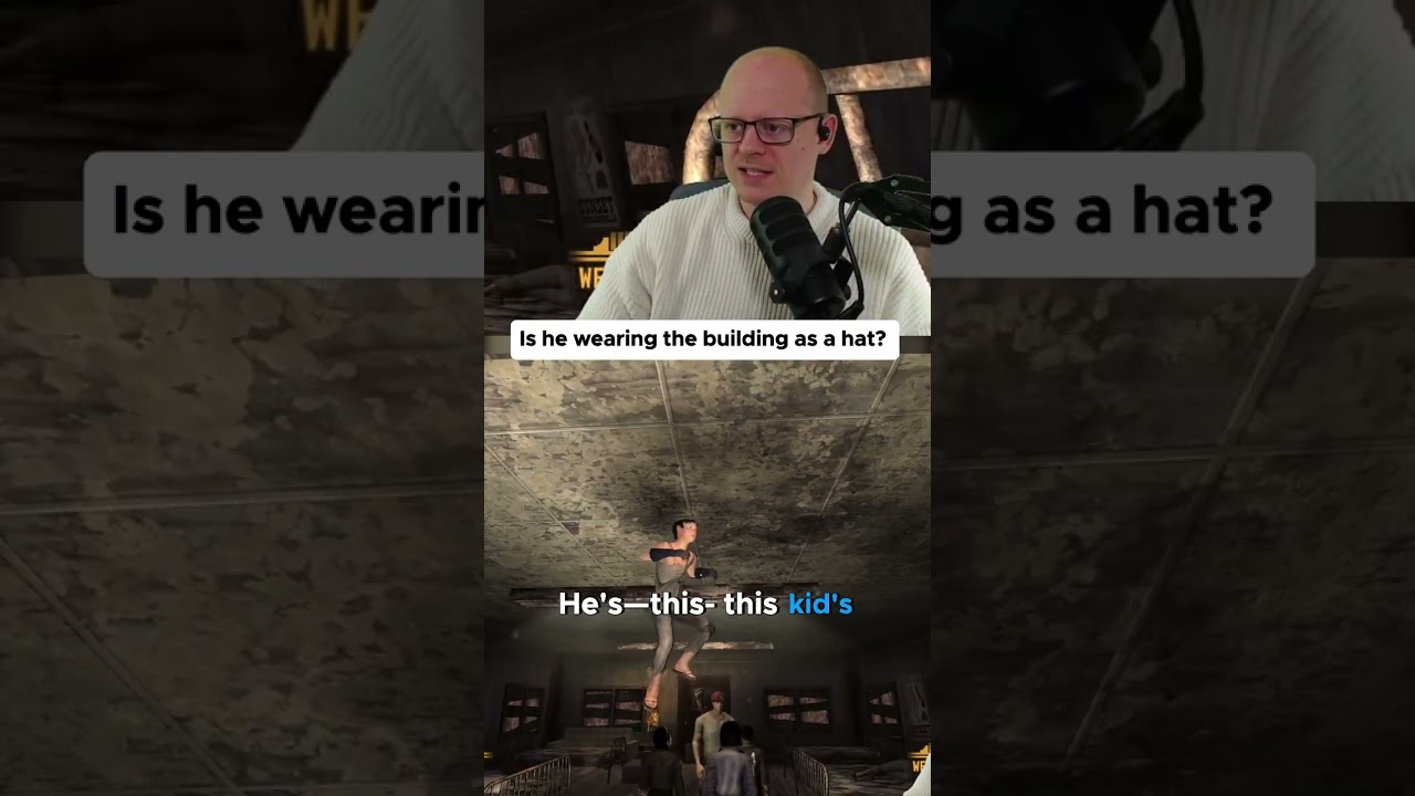 Is he wearing the building as a hat?