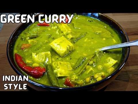 Indian-style creamy green curry with white beans, vegetables and tofu, from the video