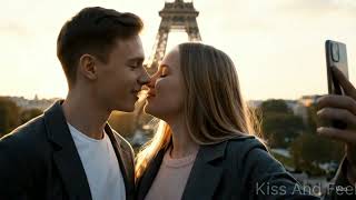 Young romantic couple taking selfie while kissing soft sunset lighting in Paris screenshot 1