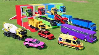 TRANSPORTING COLORFUL BUS, MIXER TRUCK, KARA TRUCK, MERCY POLICE CARS, AMBULACE, MINI TANKER FS22 screenshot 1