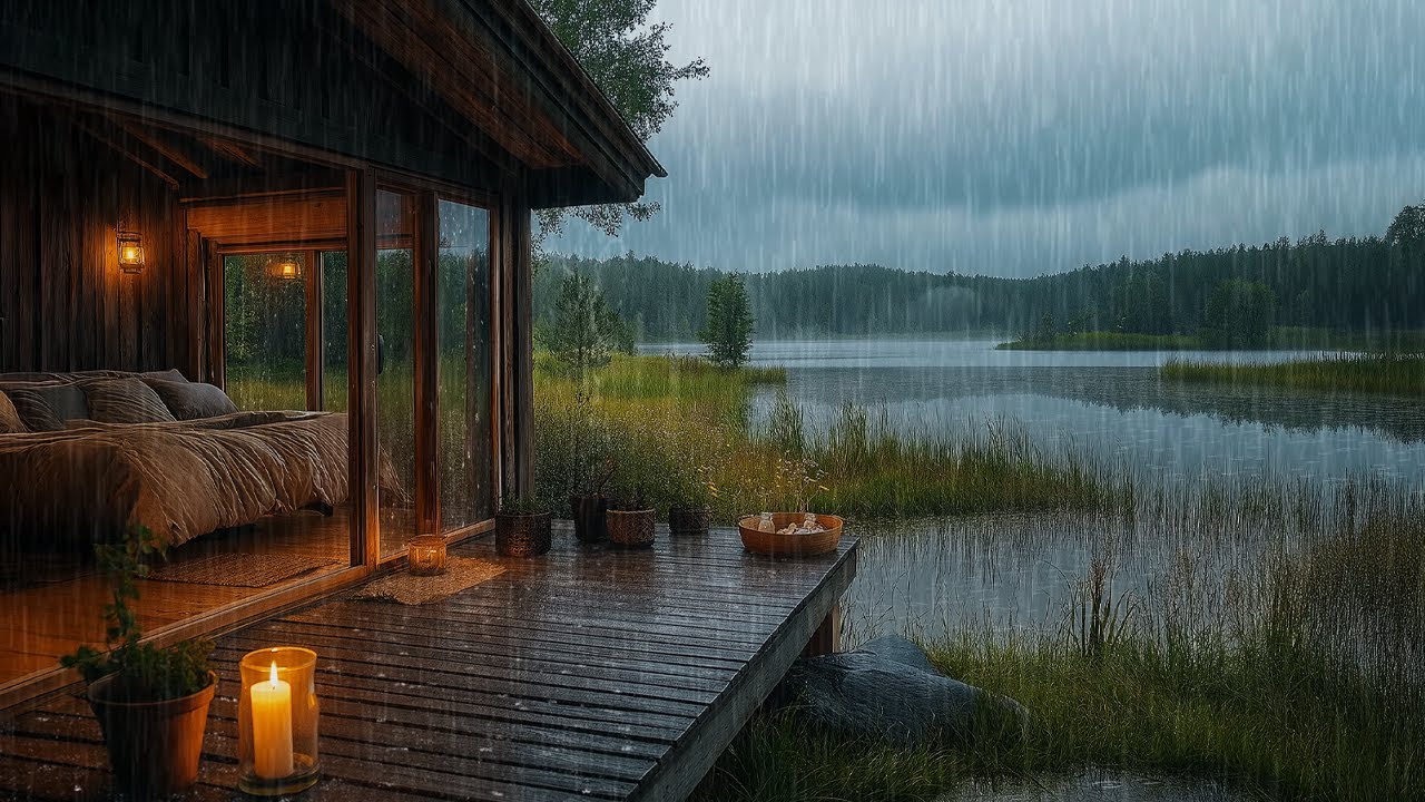 Rainy Night in a Cozy Lakeside Cabin 🌧️ Gentle Rain Sounds for Deep ...
