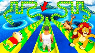 GTA 5 : Shinchan & Franklin Tried The Triple Longest Water Slide With Lion king Family Simba  GTA5 !