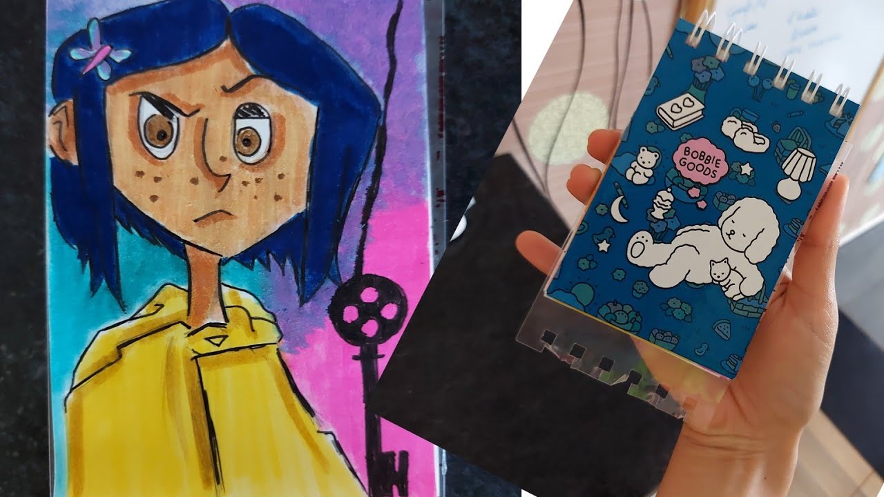Colorindo Coraline no meu mini sketchbook 