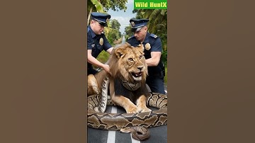 Two rescue operator help lion from python attack #animals #lion #python #shorts