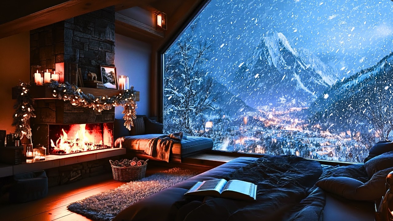 Cozy Fireplace with Heavy Snowstorm Ambience ❄️ Fire Crackling Sounds for Sleeping & Relaxing