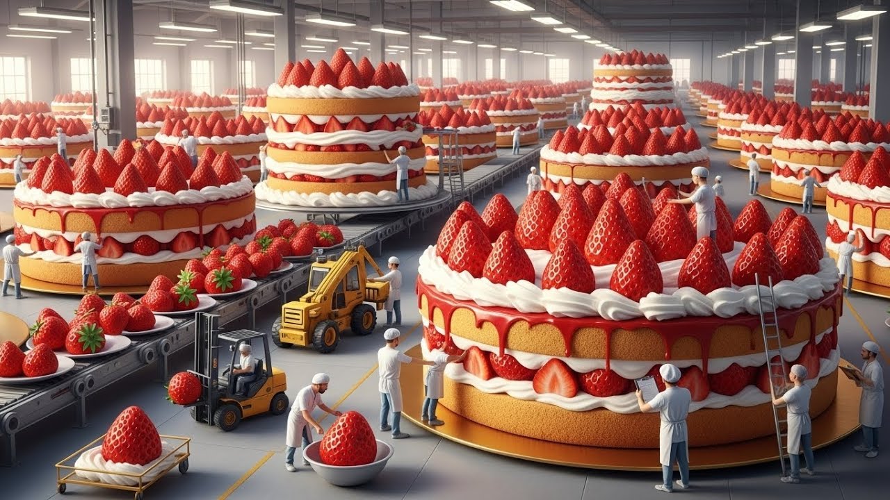 Inside a MEGA Strawberry Factory — From Fresh Juice to Giant Cakes 🍓🍰