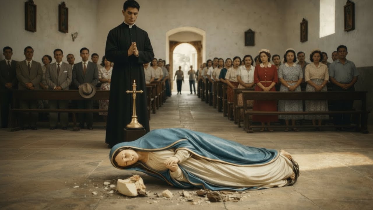 La imagen de la Virgen María cae de la nada durante la consagración en la misa y ocurre un milagro