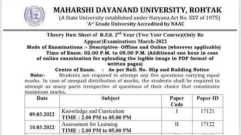 MDU B.Ed. 2nd Year Reappear Exam 2022 Datesheet