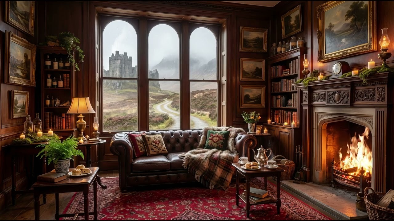 Scottish Library Ambience – Cozy Fireplace, Celtic Music & Rainy Highlands Sounds for Reading & Calm