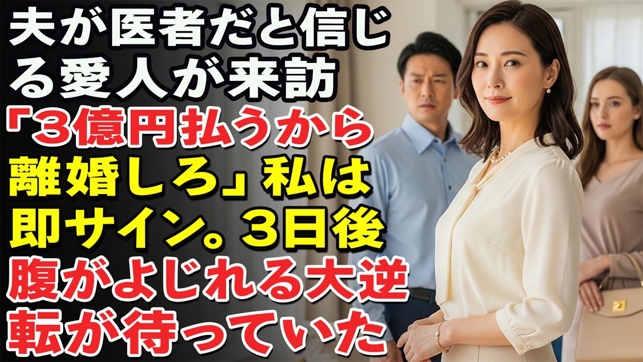 夫が医者だと信じる愛人が来訪「3億円払うから離婚しろ！」私は即サイン。3日後、腹がよじれる大逆転が待っていた――