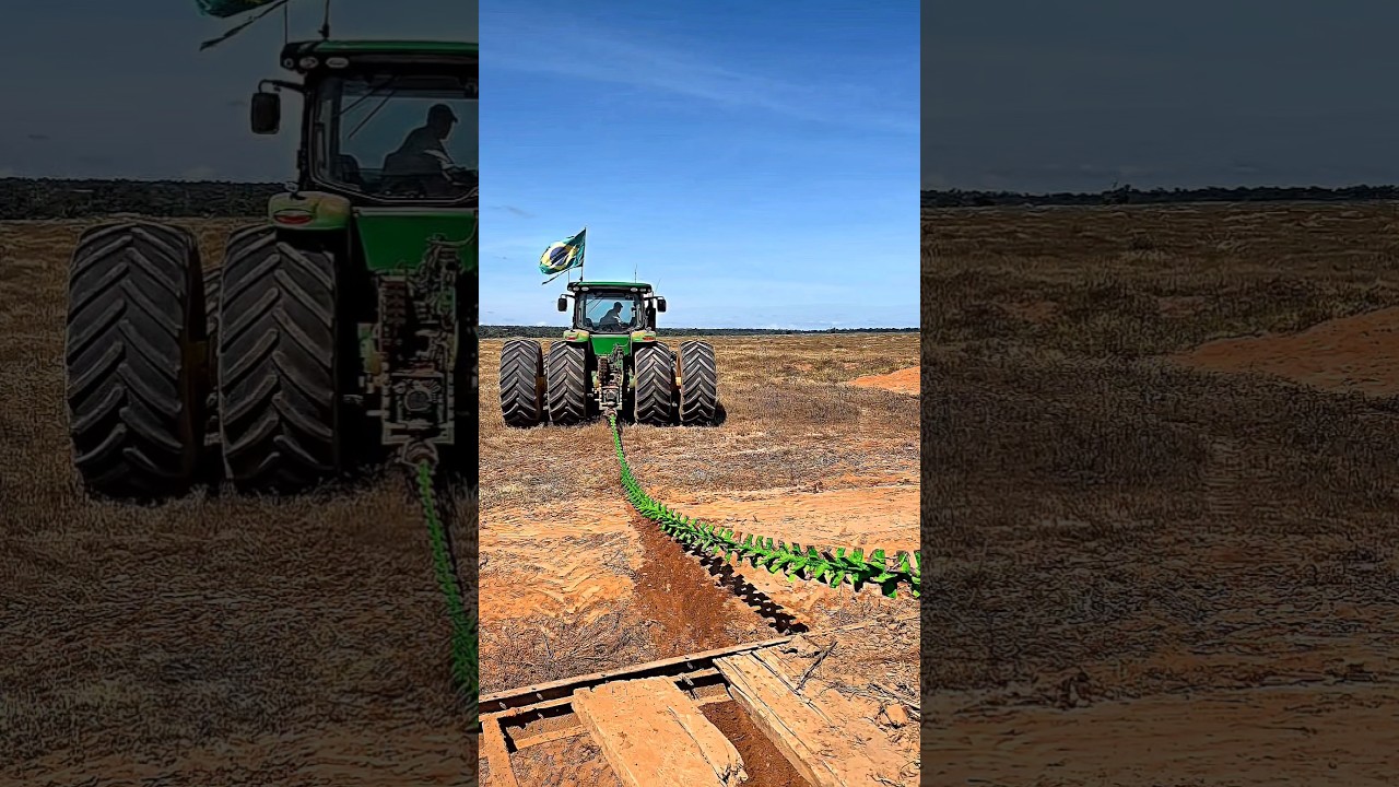 John Deere tirando rolo colonizador de 100 metros.