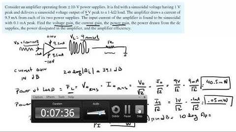 Find the voltage, current and power gain, power drawn, power dissipated, and efficiency
