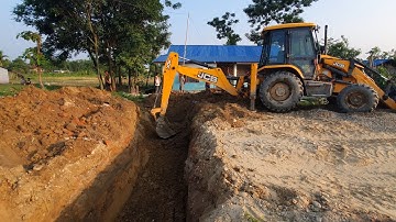 JCB Backhoe Machine Making Drain in Road To Install Culvert Pipe - Road Construction Video