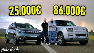 GÜNSTIG vs TEUER | DACIA DUSTER vs Land Rover Defender | Muss ein 'Luxus' 4x4 so teuer sein? by Fahr doch 123,190 views 5 months ago 17 minutes