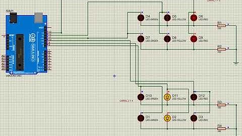 Simulación en Proteus 4 semáforos con Arduino.