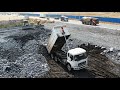 Awesome SACHMAN Dump Trucks Unloading &amp; Two Bulldozer Pushing The Rocks to Deleting Puddle