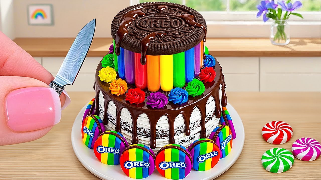 Rainbow Oreo Drip Cake Cutting 🍫 | Most Satisfying Tiny Food Dessert!