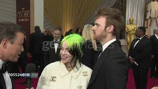 Billie Eilish and songwriter Finneas O'Connel speaking to press at the 92nd Academy Awards