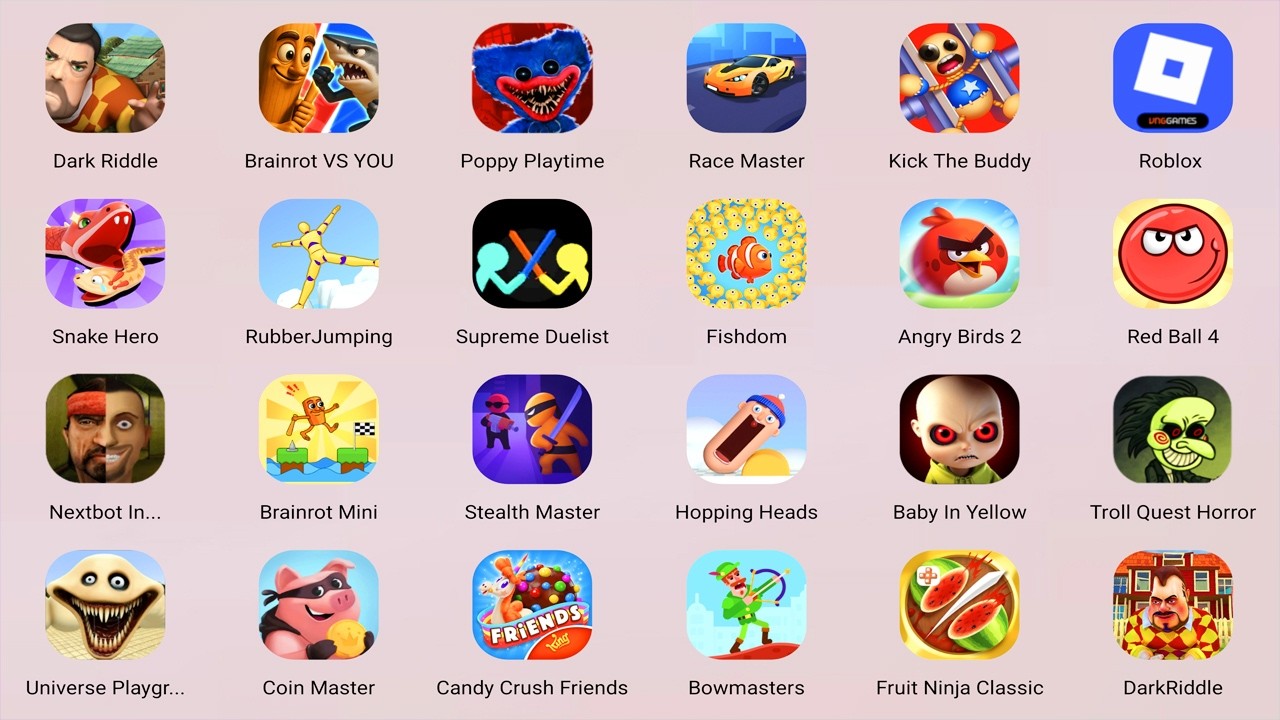 Roblox,Crazy Office,Bullet Army Run,Build A Queen,Subway Surfers,Save the Doge,Car Race,Going Balls,