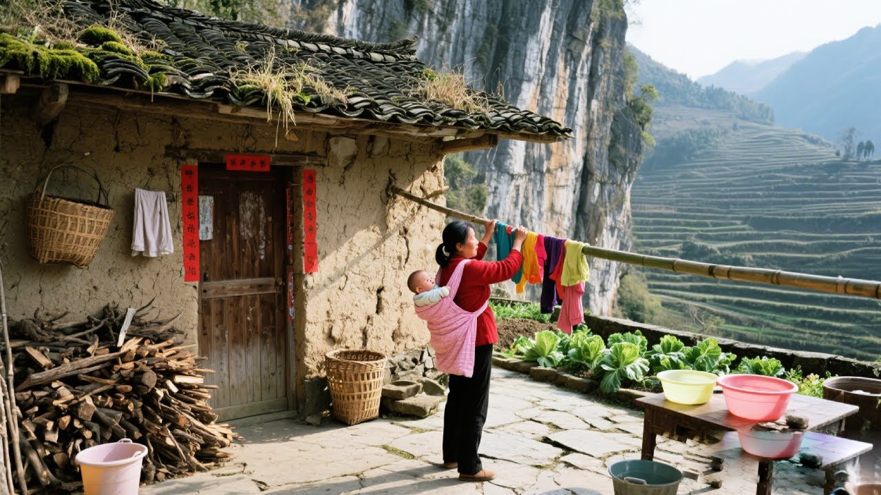 70后大姐带着4个月孩子独居深山，周围被层层叠叠的梯田包围，种菜养鸡与世无争适合养老【乡村阿泰】